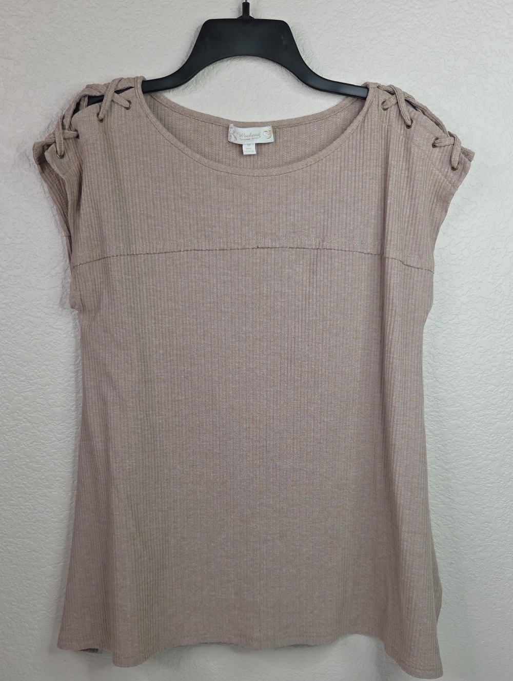 Suzanne Betro Taupe Ribbed Lace-Up Shoulder Blouse